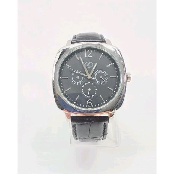 Lexus Logo Dial Chronograph Watch Silver Tone Black Leather Band New Battery 324 main image 5